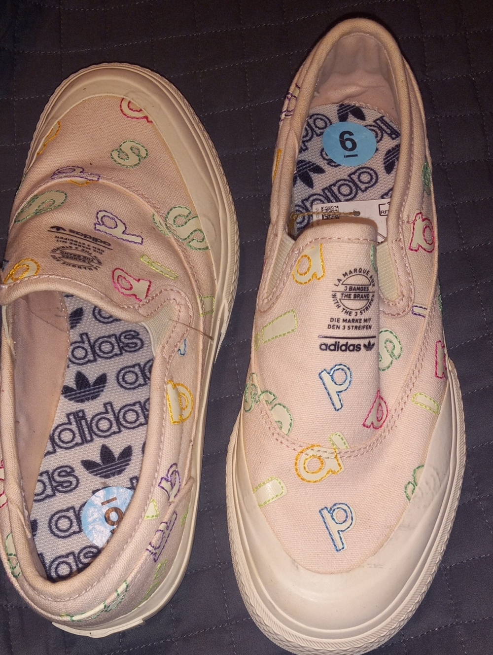 Adidas Womens/mens Pink Slip-On Sneakers with Multicolor Embroidered Letters